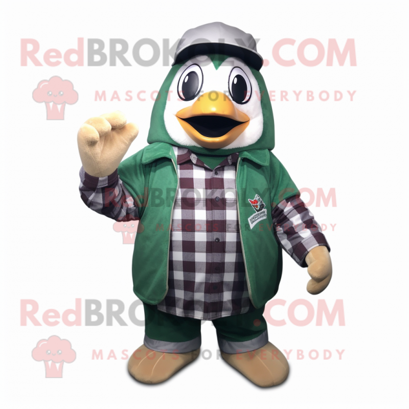 Forest Green Penguin mascot costume character dressed with a Flannel Shirt and Caps