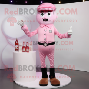 Pink Champagne mascot costume character dressed with a Button-Up Shirt and Rings