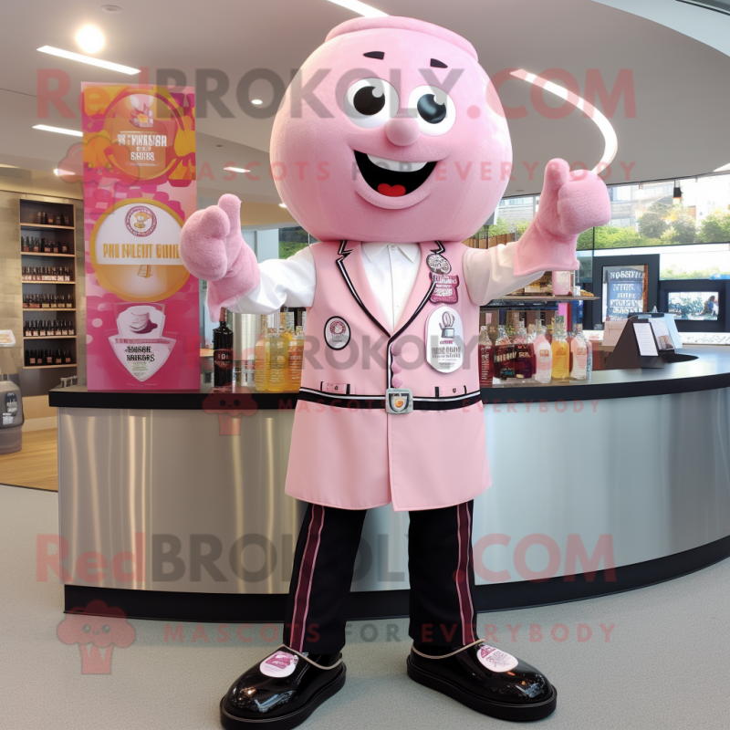 Pink Champagne mascot costume character dressed with a Button-Up Shirt and Rings Pink Champagne mascot costume character dressed with a Button-Up Shirt and Rings