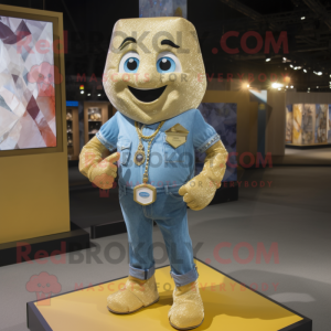 Gold Ice mascot costume character dressed with a Chambray Shirt and Brooches