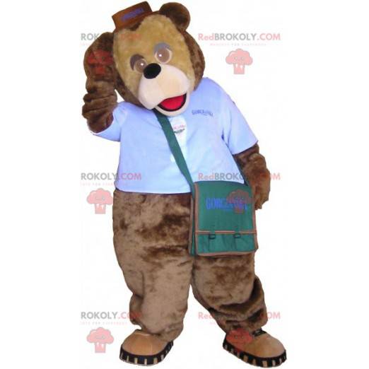 Mascotte d'ours marron en tenue de coursier - Redbrokoly.com