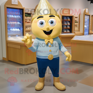 Gold Ice mascot costume character dressed with a Chambray Shirt and Brooches
