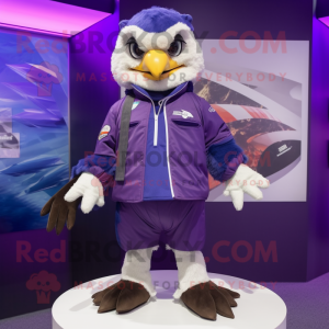 Purple Falcon mascot costume character dressed with a Windbreaker and Wraps