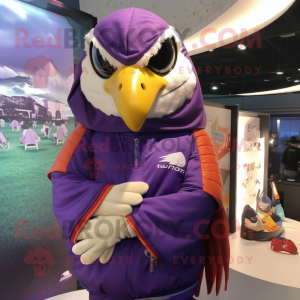 Purple Falcon mascot costume character dressed with a Windbreaker and Wraps