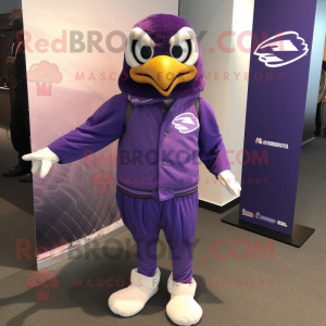 Purple Falcon mascot costume character dressed with a Windbreaker and Wraps