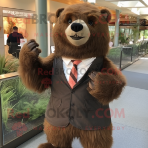 Rust Sloth Bear mascot costume character dressed with a Suit Jacket and Hair clips