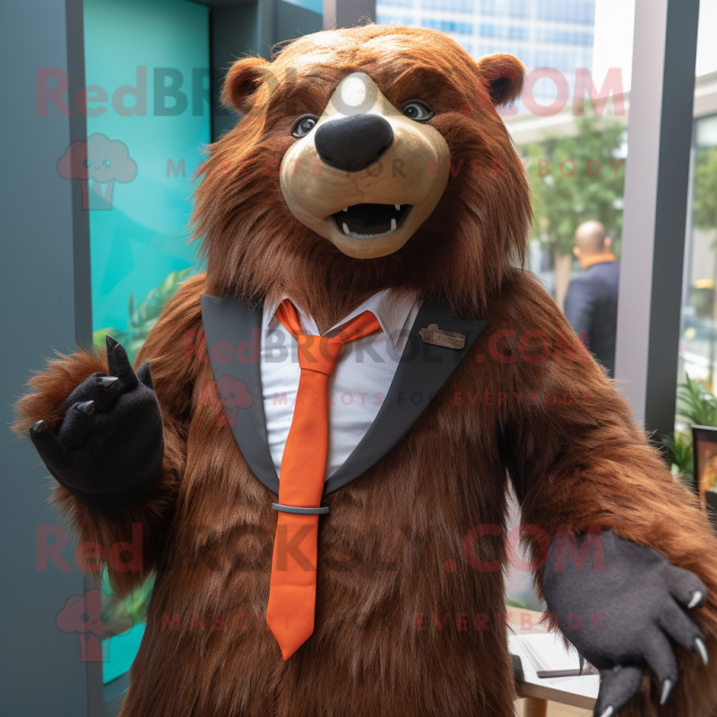 Rust Sloth Bear mascot costume character dressed with a Suit Jacket and Hair clips