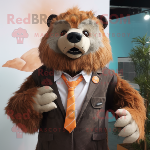 Rust Sloth Bear mascot costume character dressed with a Suit Jacket and Hair clips