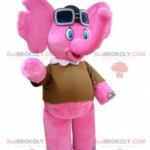 Roze olifant mascotte met vliegeniersbril - Redbrokoly.com