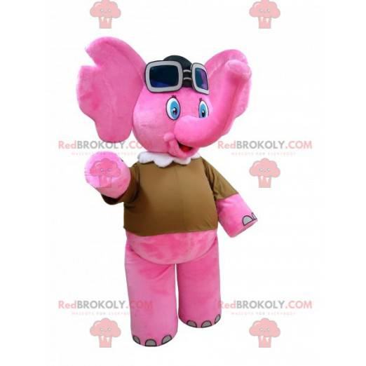 Roze olifant mascotte met vliegeniersbril - Redbrokoly.com