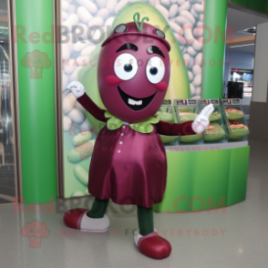 Maroon Green Bean mascot costume character dressed with a A-Line Skirt and Bracelets