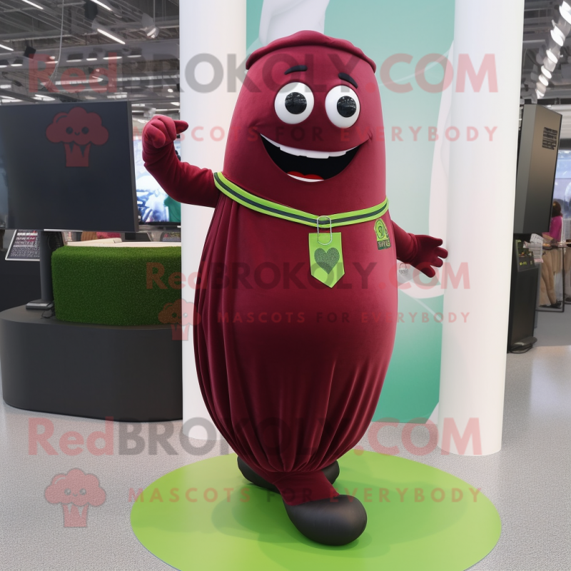 Maroon Green Bean mascot costume character dressed with a A-Line Skirt and Bracelets Maroon Green Bean mascot costume character dressed with a A-Line Skirt and Bracelets