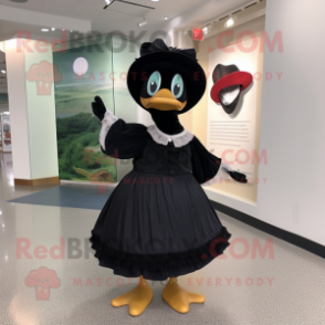 Black Goose mascot costume character dressed with a Pleated Skirt and Hats