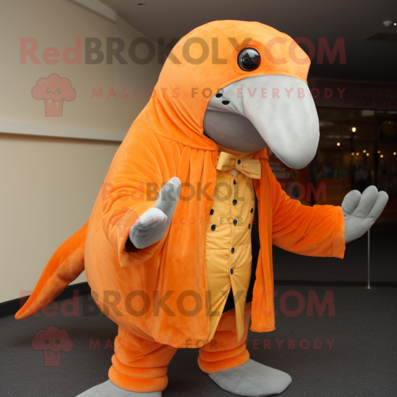 Orange Humpback Whale mascot costume character dressed with a Waistcoat and Gloves Orange Humpback Whale mascot costume character dressed with a Waistcoat and Gloves