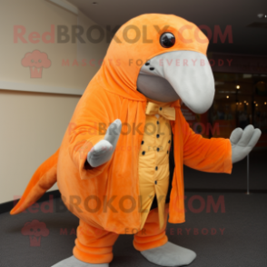 Orange Humpback Whale mascot costume character dressed with a Waistcoat and Gloves