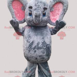 Grå och rosa elefantmaskot med stora öron - Redbrokoly.com