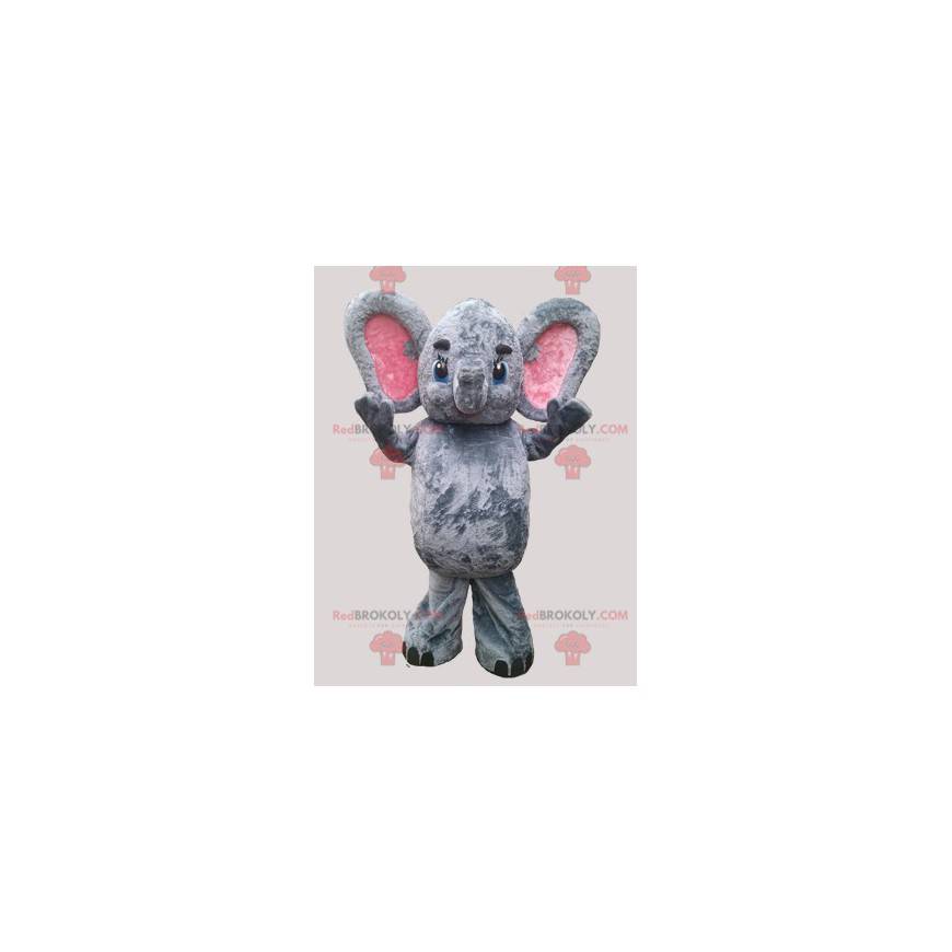 Grå og lyserød elefantmaskot med store ører - Redbrokoly.com