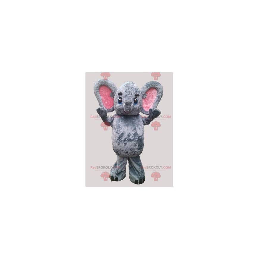 Mascotte elefante grigio e rosa con grandi orecchie -