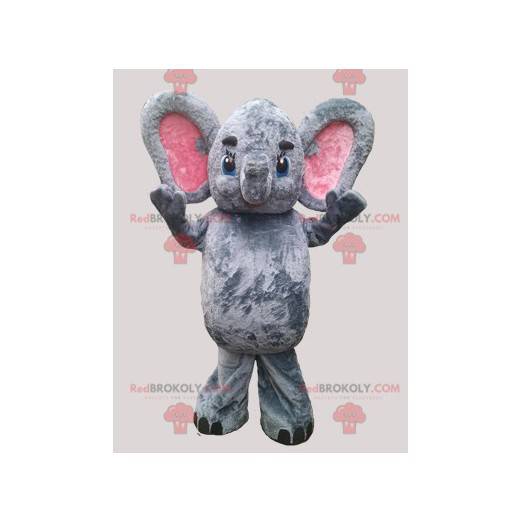 Grå og rosa elefantmaskot med store ører - Redbrokoly.com