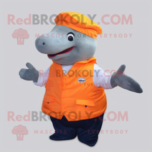 Orange Humpback Whale mascot costume character dressed with a Waistcoat and Gloves