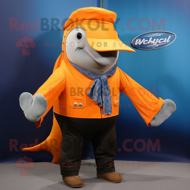 Orange Humpback Whale mascot costume character dressed with a Waistcoat and Gloves Orange Humpback Whale mascot costume character dressed with a Waistcoat and Gloves