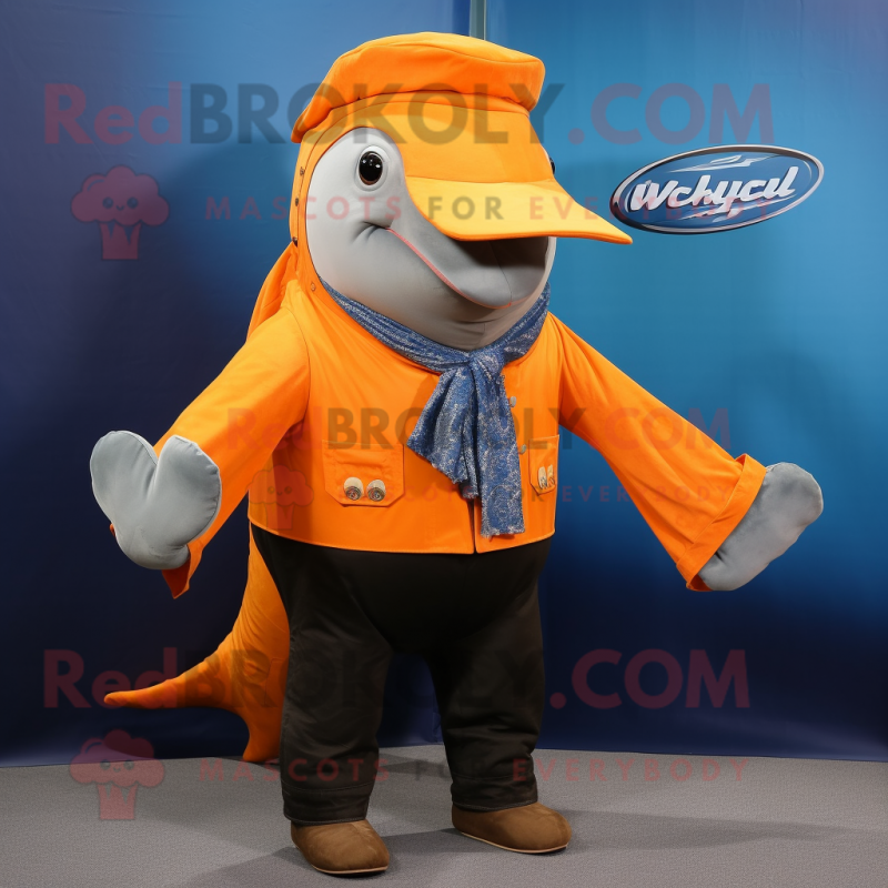 Orange Humpback Whale mascot costume character dressed with a Waistcoat and Gloves