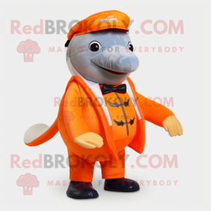 Orange Humpback Whale mascot costume character dressed with a Waistcoat and Gloves