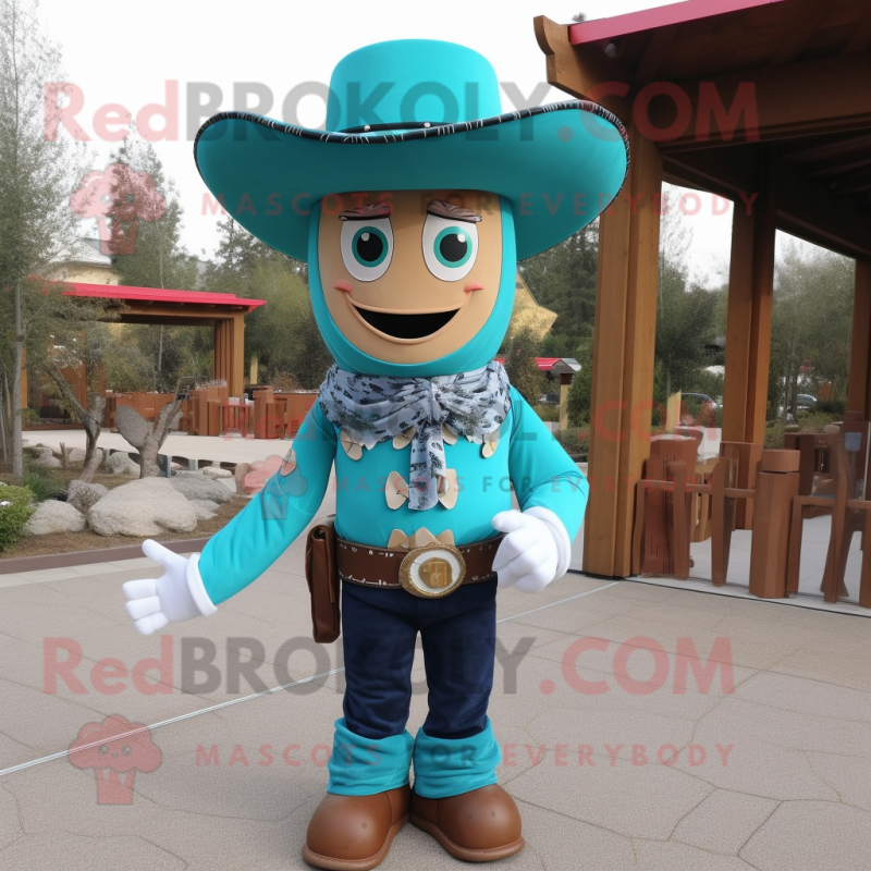 Turquoise Cowboy mascot costume character dressed with a Chinos and Tie pins Turquoise Cowboy mascot costume character dressed with a Chinos and Tie pins