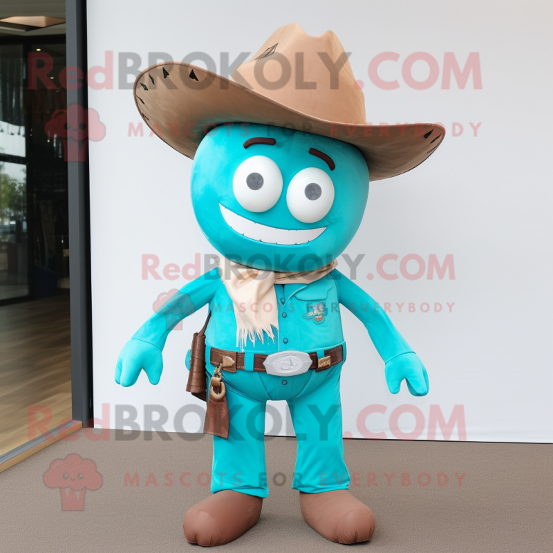 Turquoise Cowboy mascot costume character dressed with a Chinos and Tie pins Turquoise Cowboy mascot costume character dressed with a Chinos and Tie pins