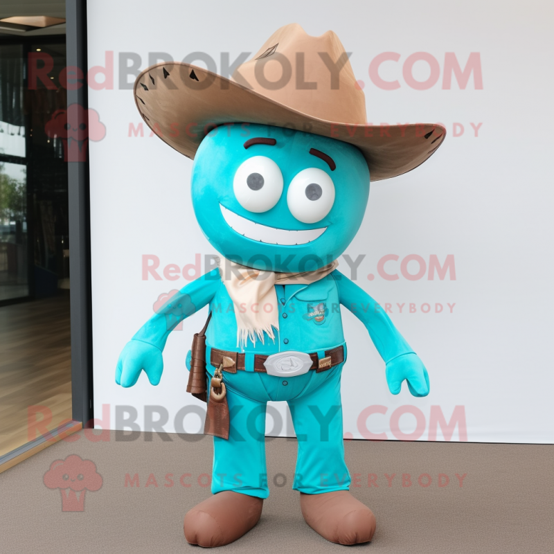 Turquoise Cowboy mascot costume character dressed with a Chinos and Tie pins