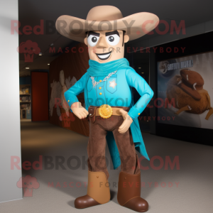 Turquoise Cowboy mascot costume character dressed with a Chinos and Tie pins
