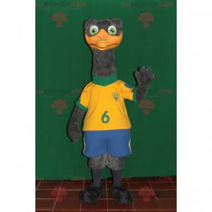 Mascote de avestruz gigante cinza em roupas esportivas -