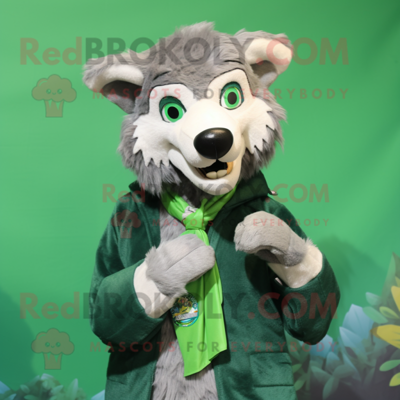 Green Wolf mascot costume character dressed with a Waistcoat and Scarf clips