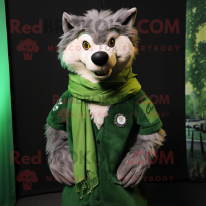 Green Wolf mascot costume character dressed with a Waistcoat and Scarf clips
