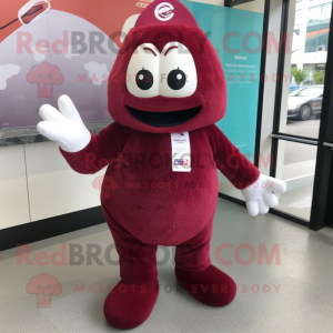 Maroon Ice mascot costume character dressed with a Pencil Skirt and Keychains