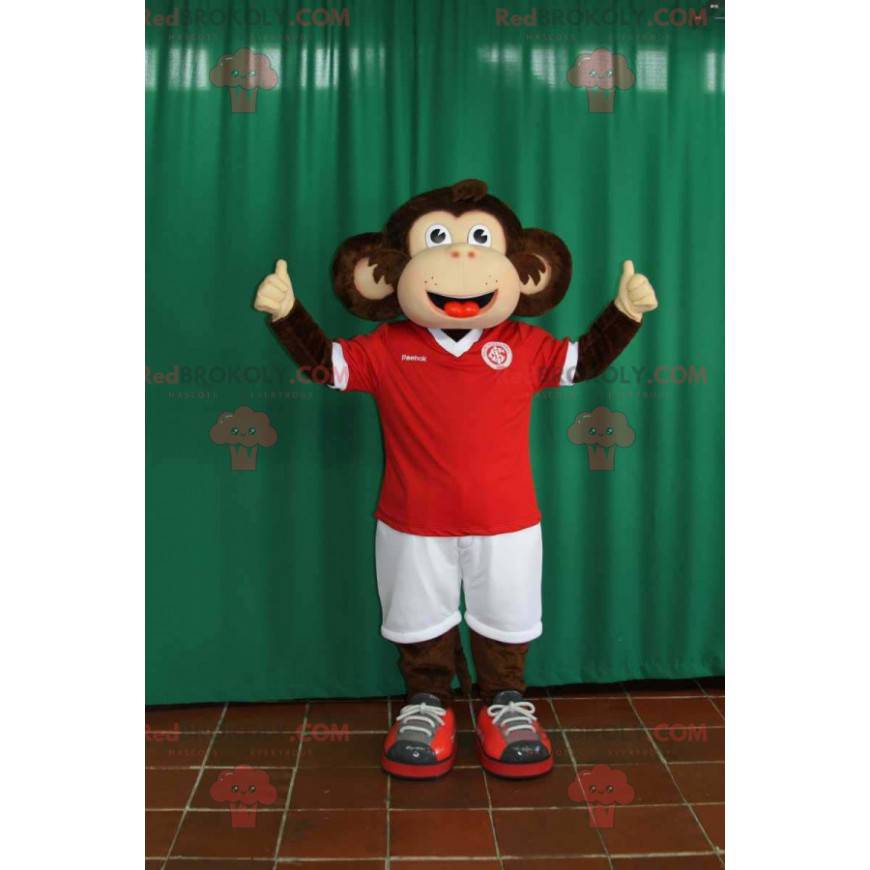 Hnědý a béžový maskot opice ve sportovním oblečení -