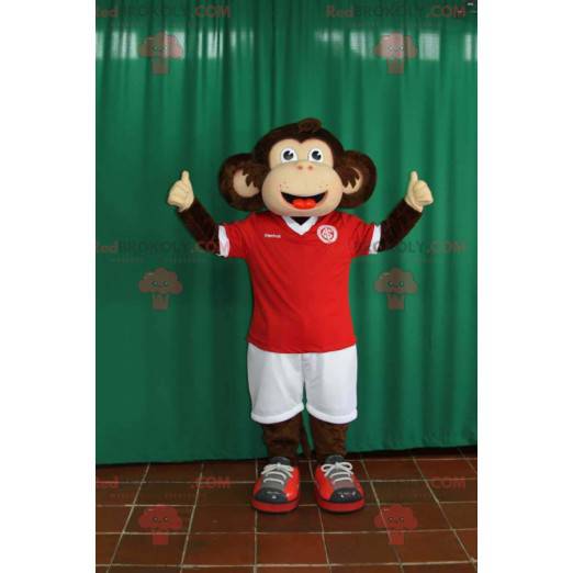 Brązowa i beżowa małpa maskotka w odzieży sportowej -