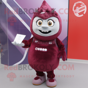 Maroon Ice mascot costume character dressed with a Pencil Skirt and Keychains