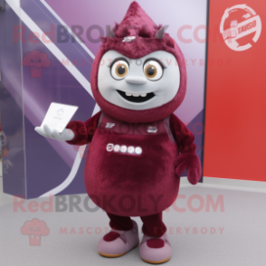 Maroon Ice mascot costume character dressed with a Pencil Skirt and Keychains