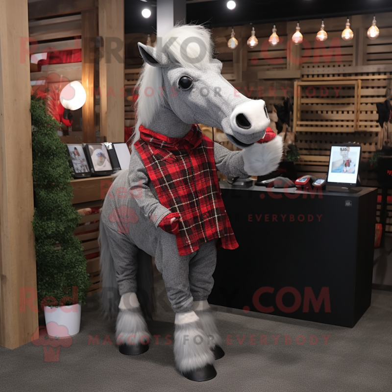 Silver Horse mascot costume character dressed with a Flannel Shirt and Earrings