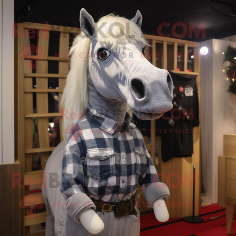 Silver Horse mascot costume character dressed with a Flannel Shirt and Earrings Silver Horse mascot costume character dressed with a Flannel Shirt and Earrings