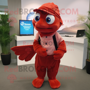 Red Betta Fish mascot costume character dressed with a Poplin Shirt and Belts