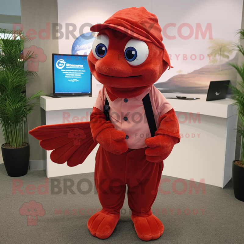 Red Betta Fish mascot costume character dressed with a Poplin Shirt and Belts Red Betta Fish mascot costume character dressed with a Poplin Shirt and Belts