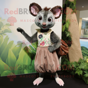 Olive Aye-Aye mascot costume character dressed with a Wrap Dress and Suspenders