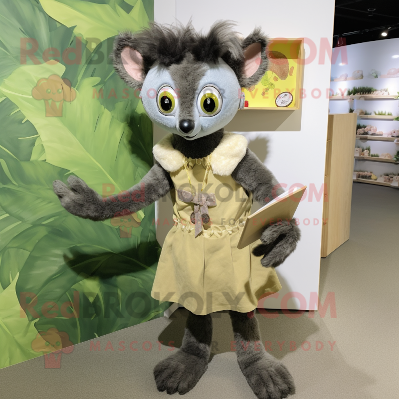 Olive Aye-Aye mascot costume character dressed with a Wrap Dress and Suspenders