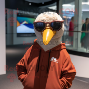 Brown Gull mascot costume character dressed with a Hoodie and Sunglasses