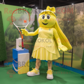 Yellow Tennis Racket mascot costume character dressed with a Pleated Skirt and Tote bags