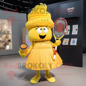Yellow Tennis Racket mascot costume character dressed with a Pleated Skirt and Tote bags