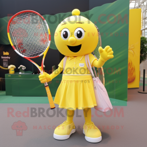 Yellow Tennis Racket mascot costume character dressed with a Pleated Skirt and Tote bags