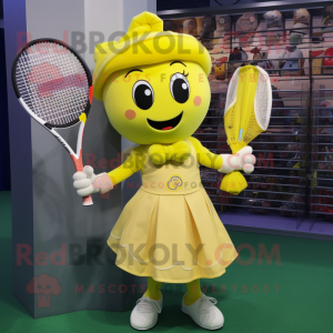 Yellow Tennis Racket mascot costume character dressed with a Pleated Skirt and Tote bags